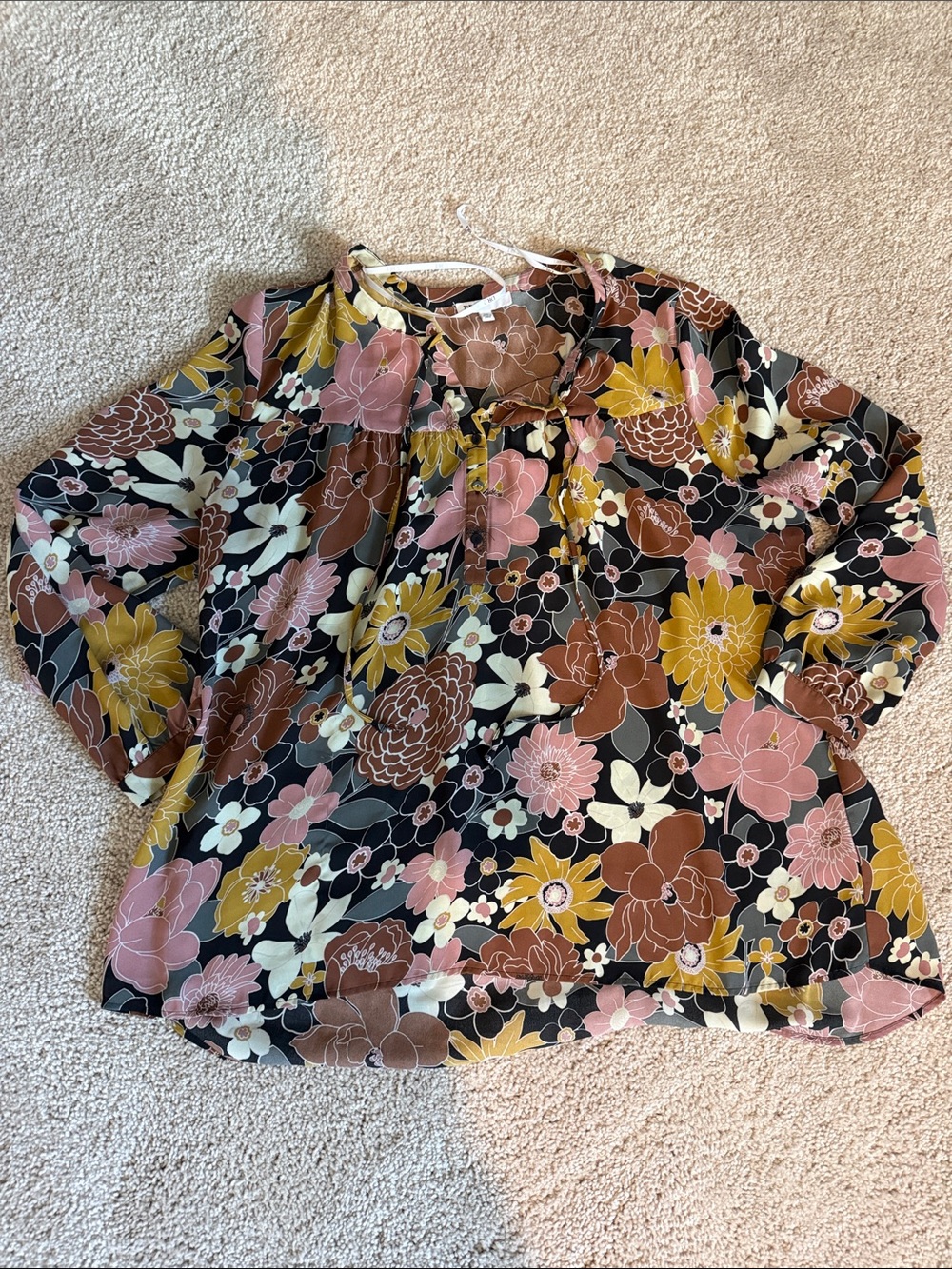 DR2 Floral Tie-Neck Blouse in Black, Pink & Yellow